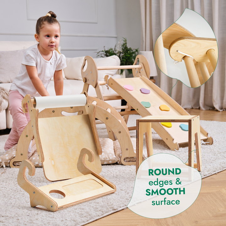 5in1 Montessori Climbing Frame: Pikler Triangle + Arch + Slide Board + Art Addition + Cushion for Toddlers (1–3 Years)