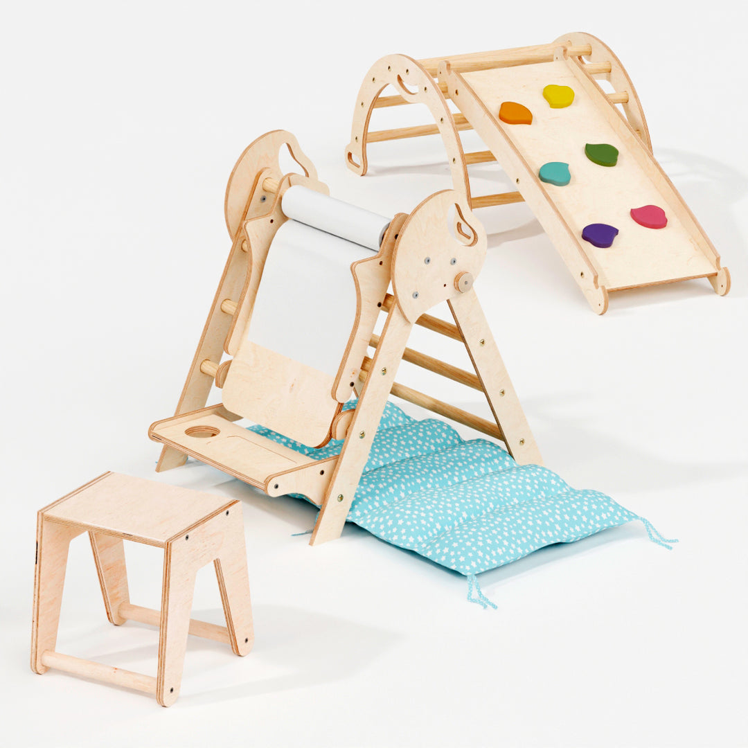 4in1 Montessori Climbing Frame: Pikler Triangle + Arch + Slide Board + Cushion for Toddlers (1–3 Years)