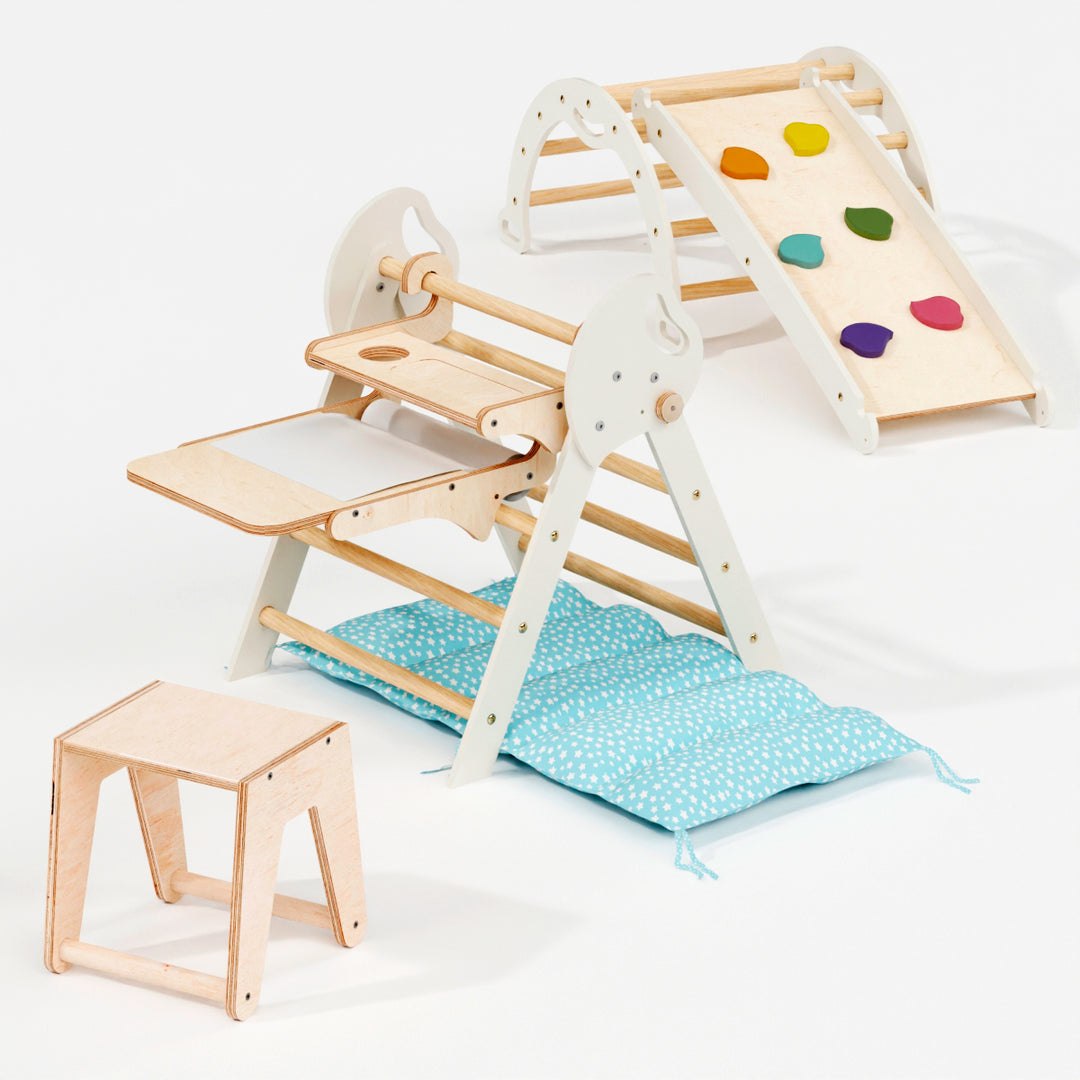 4in1 Montessori Climbing Frame: Pikler Triangle + Arch + Slide Board + Cushion for Toddlers (1–3 Years)