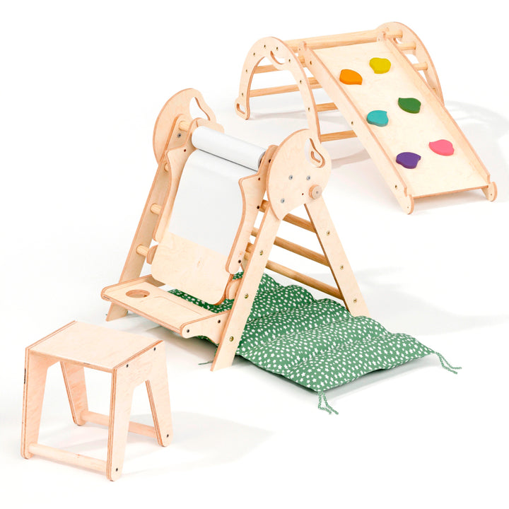 4in1 Montessori Climbing Frame: Pikler Triangle + Arch + Slide Board + Cushion for Toddlers (1–3 Years)