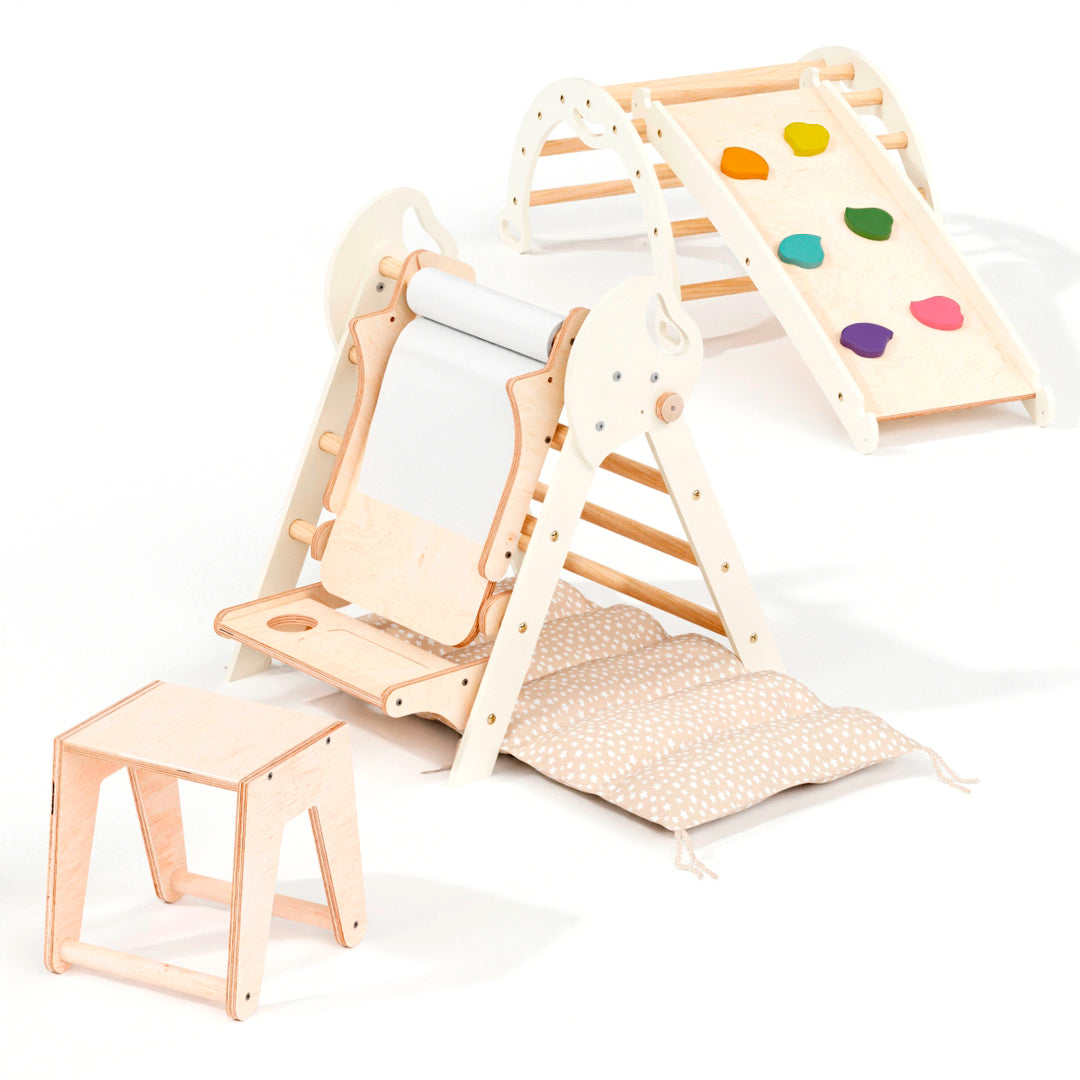 4in1 Montessori Climbing Frame: Pikler Triangle + Arch + Slide Board + Cushion for Toddlers (1–3 Years)