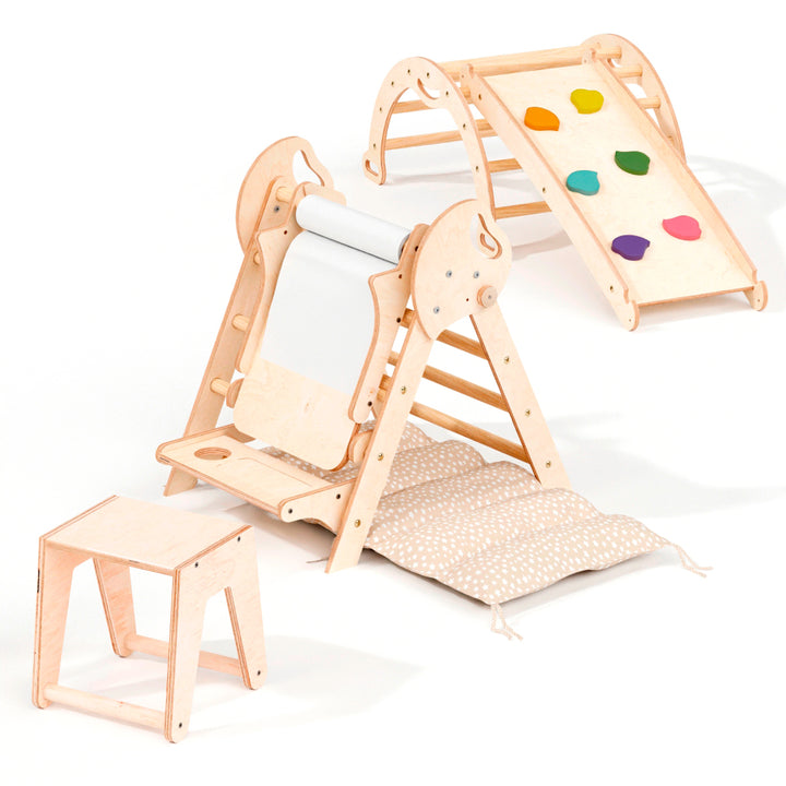 4in1 Montessori Climbing Frame: Pikler Triangle + Arch + Slide Board + Cushion for Toddlers (1–3 Years)
