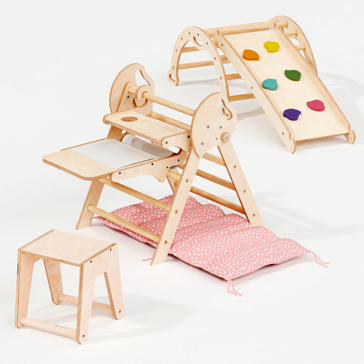 4in1 Montessori Climbing Frame: Pikler Triangle + Arch + Slide Board + Cushion for Toddlers (1–3 Years)