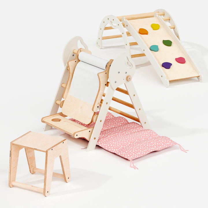 4in1 Montessori Climbing Frame: Pikler Triangle + Arch + Slide Board + Cushion for Toddlers (1–3 Years)
