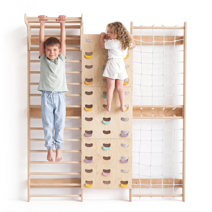 7-in-1 Indoor Climbing Frame for Kids: Wall Bars, Rock Wall, Net, Pull-Up Bar, 3-in-1 Swing Set