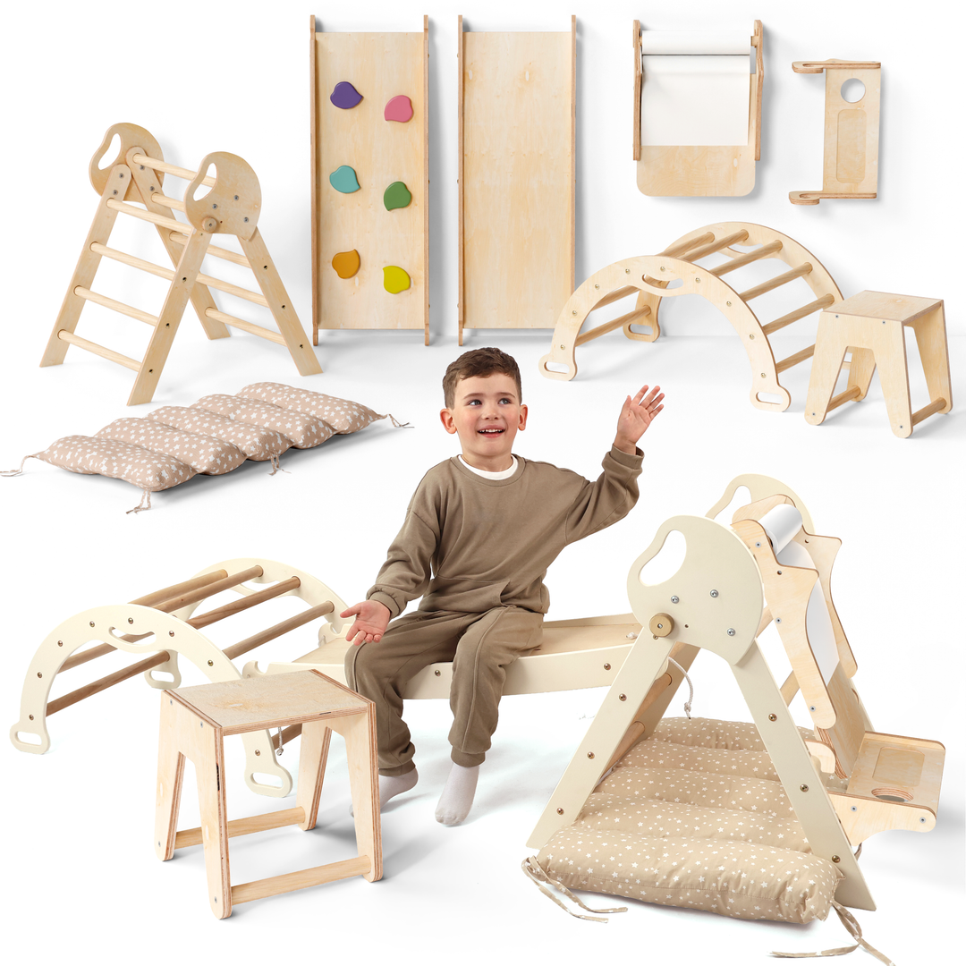 5in1 Montessori Climbing Frame: Pikler Triangle + Arch + Slide Board + Art Addition + Cushion for Toddlers (1–3 Years)