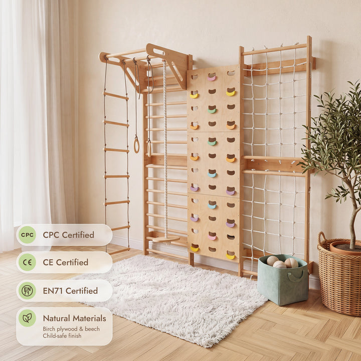 7-in-1 Indoor Climbing Frame for Kids: Wall Bars, Rock Wall, Net, Pull-Up Bar, 3-in-1 Swing Set