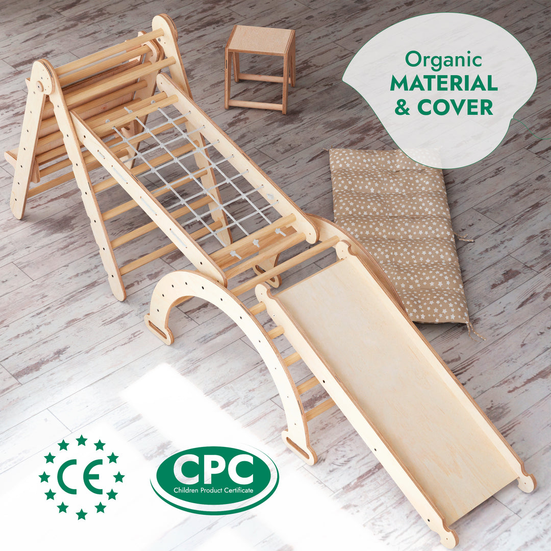 6in1 Montessori Climbing Frame: Pikler Triangle + Climbing Arch + Slide Board + Net + Cushion + Art Addition