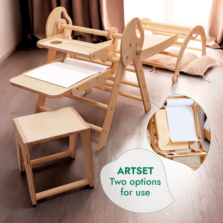 5in1 Montessori Climbing Frame: Pikler Triangle + Arch + Slide Board + Art Addition + Cushion for Toddlers (1–3 Years)