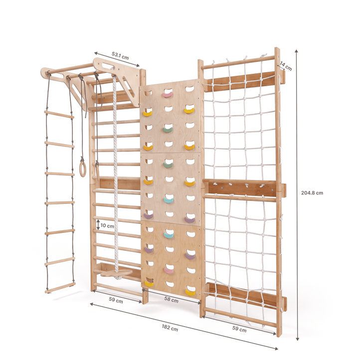 7-in-1 Indoor Climbing Frame for Kids: Wall Bars, Rock Wall, Net, Pull-Up Bar, 3-in-1 Swing Set