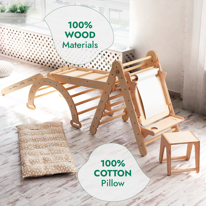 6in1 Montessori Climbing Frame: Pikler Triangle + Climbing Arch + Slide Board + Net + Cushion + Art Addition