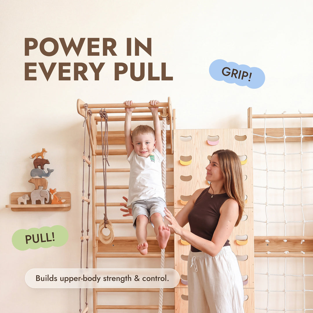 7-in-1 Indoor Climbing Frame for Kids: Wall Bars, Rock Wall, Net, Pull-Up Bar, 3-in-1 Swing Set