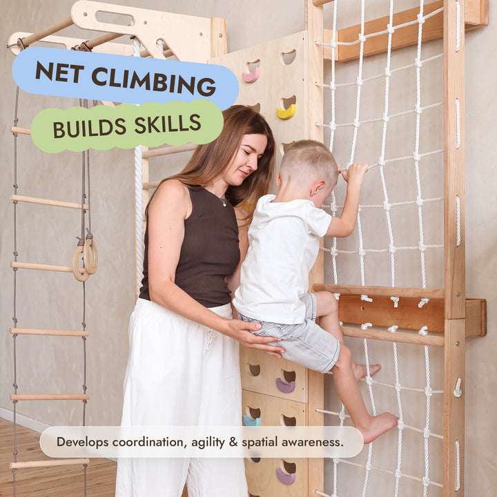7-in-1 Indoor Climbing Frame for Kids: Wall Bars, Rock Wall, Net, Pull-Up Bar, 3-in-1 Swing Set