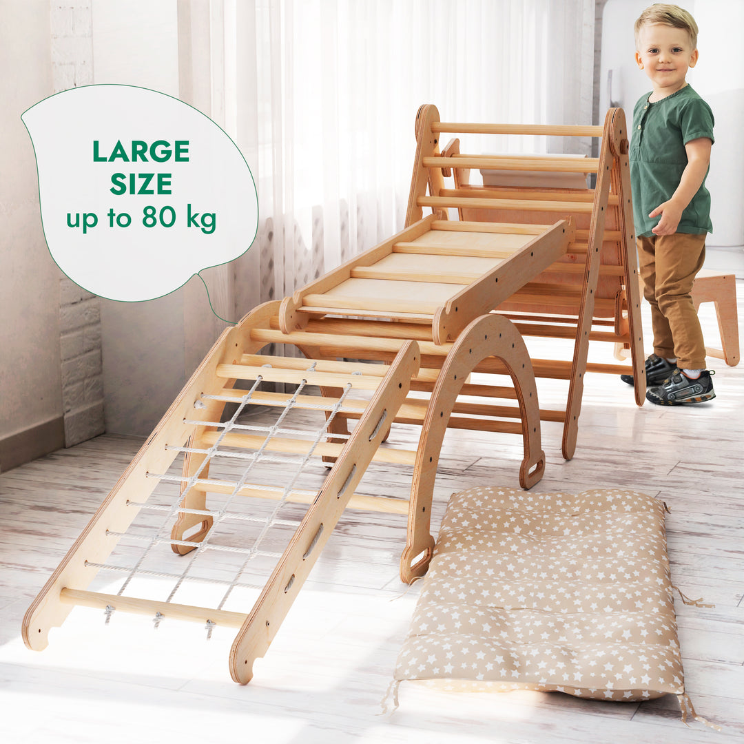 6in1 Montessori Climbing Frame: Pikler Triangle + Climbing Arch + Slide Board + Net + Cushion + Art Addition
