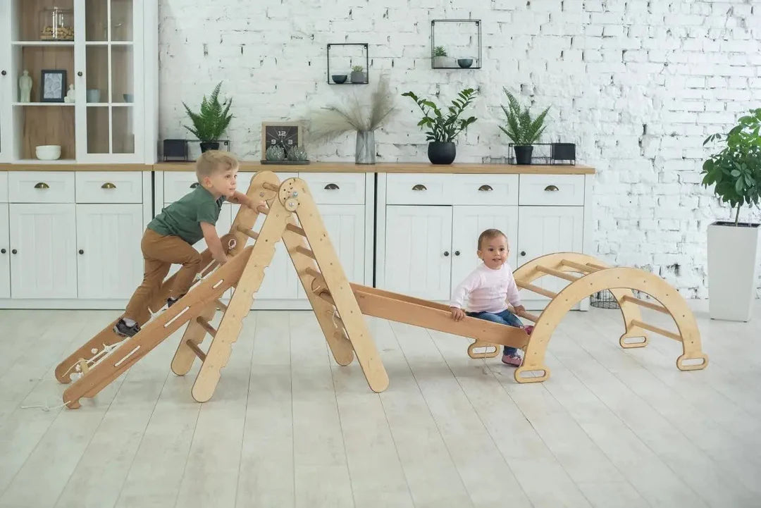 4in1 Montessori Climbing Frame: Pikler Triangle + Climbing Arch + Slide Board + Net – Beige