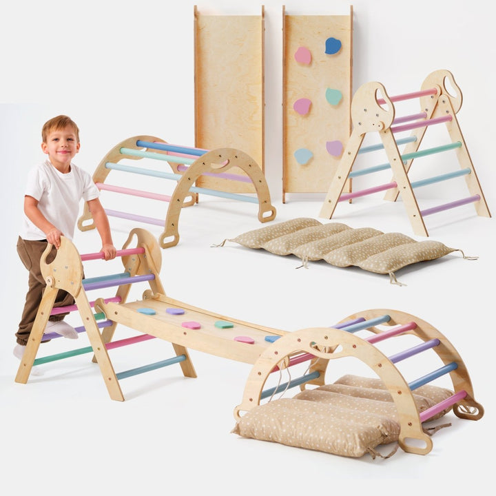 4in1 Montessori Climbing Set: Pikler Triangle, Arch, Slide Board, and Cushion for Toddlers (1–3 Years) - Pastel