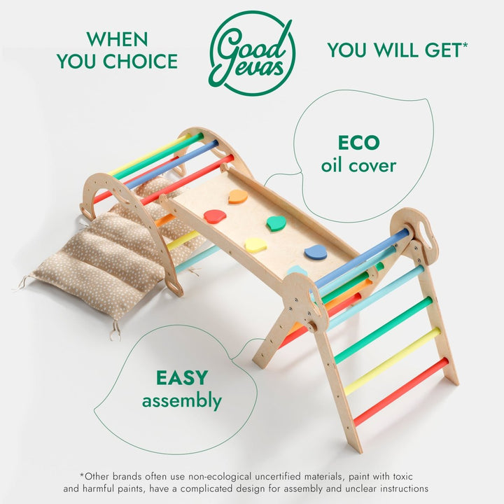 4in1 Montessori Climbing Set: Pikler Triangle, Arch, Slide Board, and Cushion for Toddlers (1–3 Years) - Rainbow