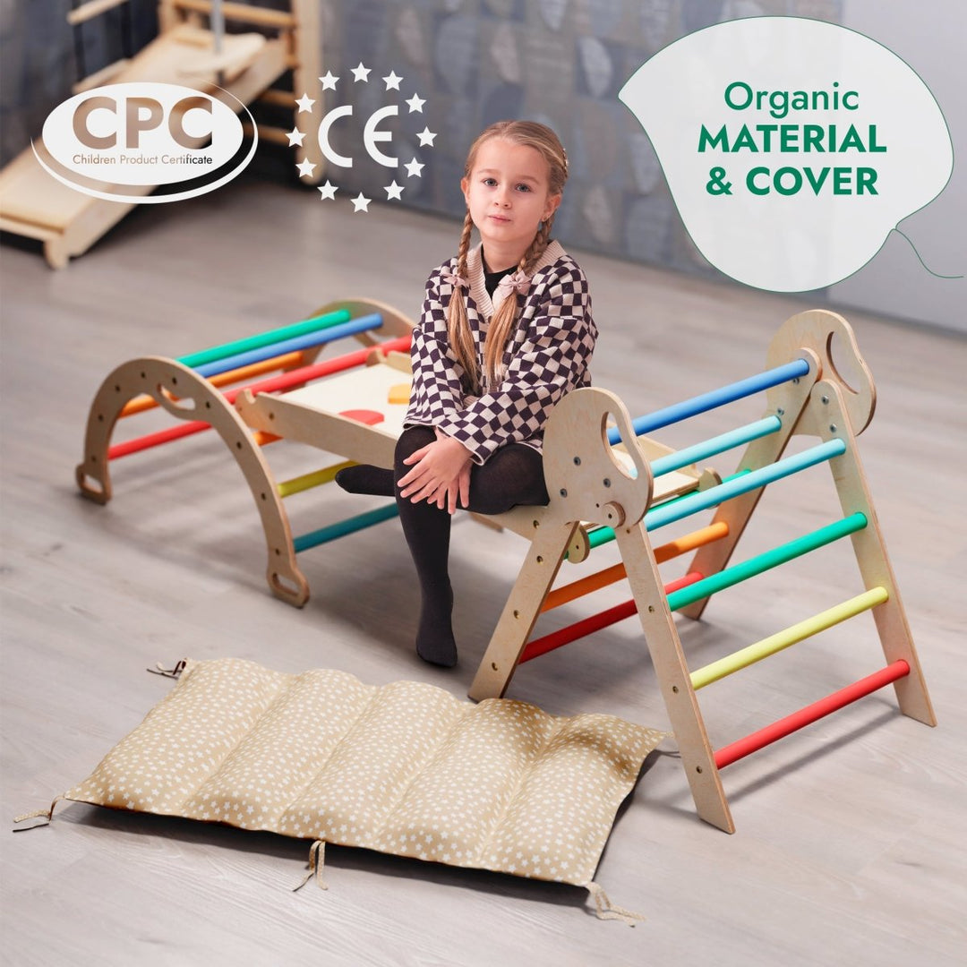 4in1 Montessori Climbing Set: Pikler Triangle, Arch, Slide Board, and Cushion for Toddlers (1–3 Years) - Rainbow