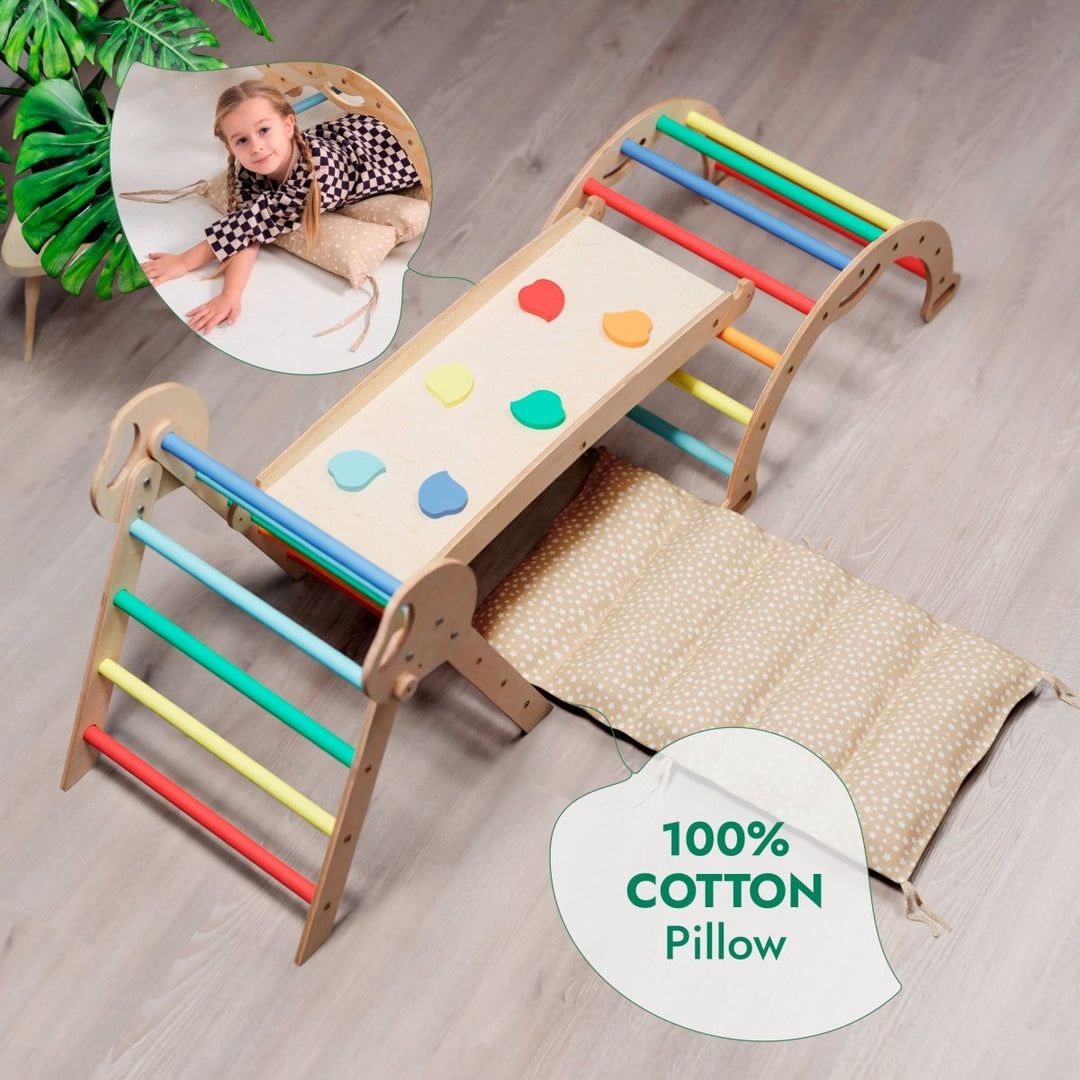 4in1 Montessori Climbing Set: Pikler Triangle, Arch, Slide Board, and Cushion for Toddlers (1–3 Years) - Rainbow