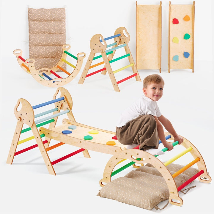 4in1 Montessori Climbing Set: Pikler Triangle, Arch, Slide Board, and Cushion for Toddlers (1–3 Years) - Rainbow