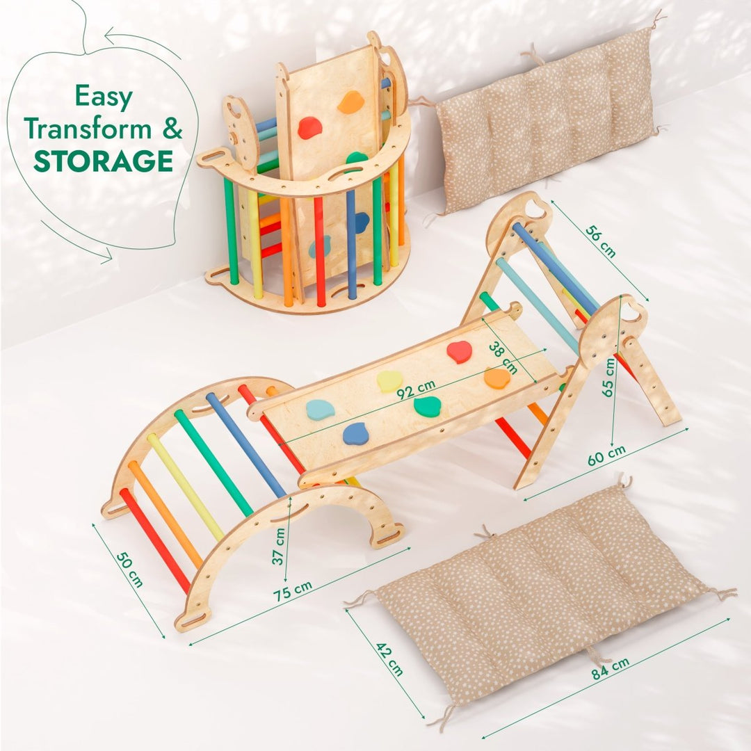 4in1 Montessori Climbing Set: Pikler Triangle, Arch, Slide Board, and Cushion for Toddlers (1–3 Years) - Rainbow