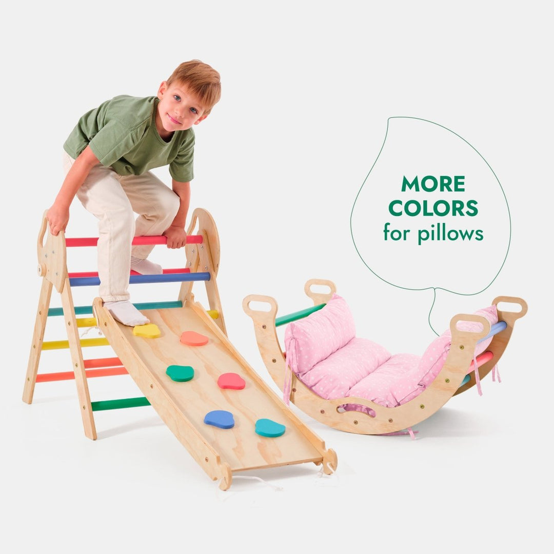 4in1 Montessori Climbing Set: Pikler Triangle, Arch, Slide Board, and Cushion for Toddlers (1–3 Years) - Rainbow