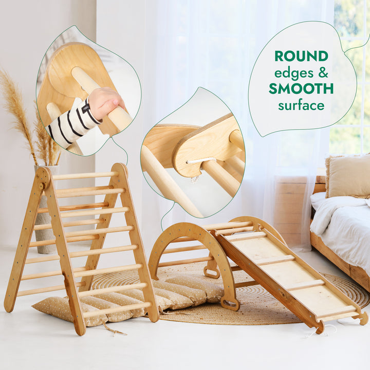 4in1 Montessori Climbing Frame Set: Triangle Ladder + Climbing Arch + Slide Board + Cushion Beige