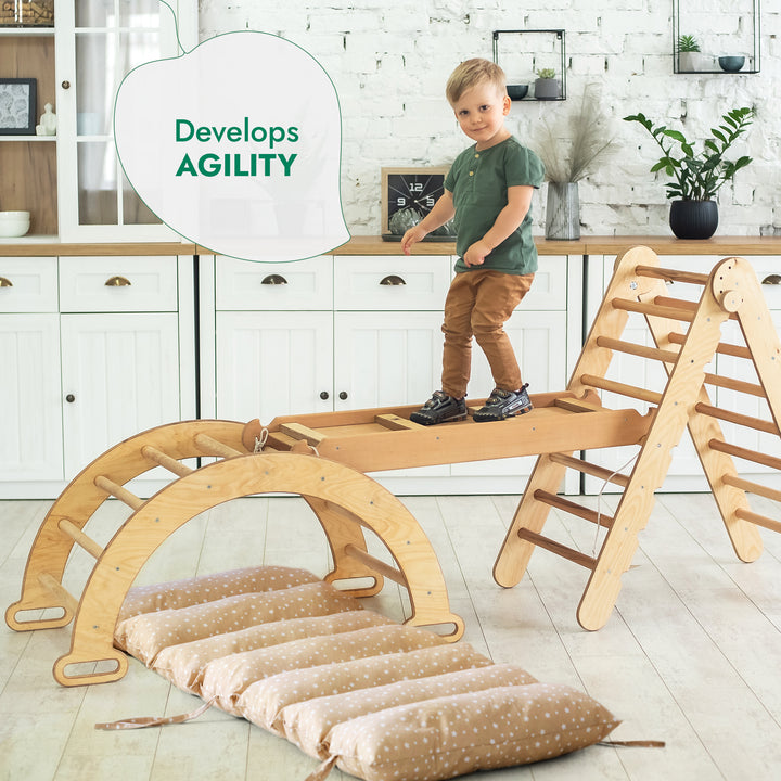 4in1 Montessori Climbing Frame Set: Triangle Ladder + Climbing Arch + Slide Board + Cushion Beige