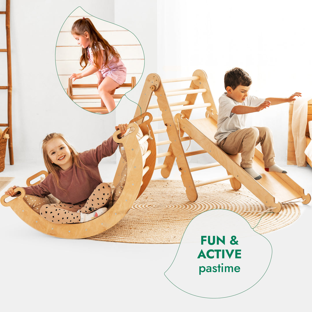 4in1 Montessori Climbing Frame Set: Triangle Ladder + Climbing Arch + Slide Board + Cushion Beige
