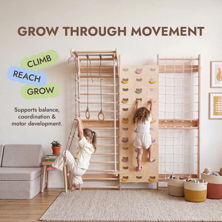 7-in-1 Indoor Climbing Frame for Kids: Wall Bars, Rock Wall, Net, Pull-Up Bar, 3-in-1 Swing Set