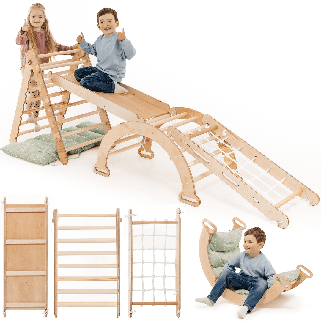 5in1 Montessori Climbing Frame: Pikler Triangle + Arch/Rocker + Slide Board/Ramp + Netting rope + Cushion