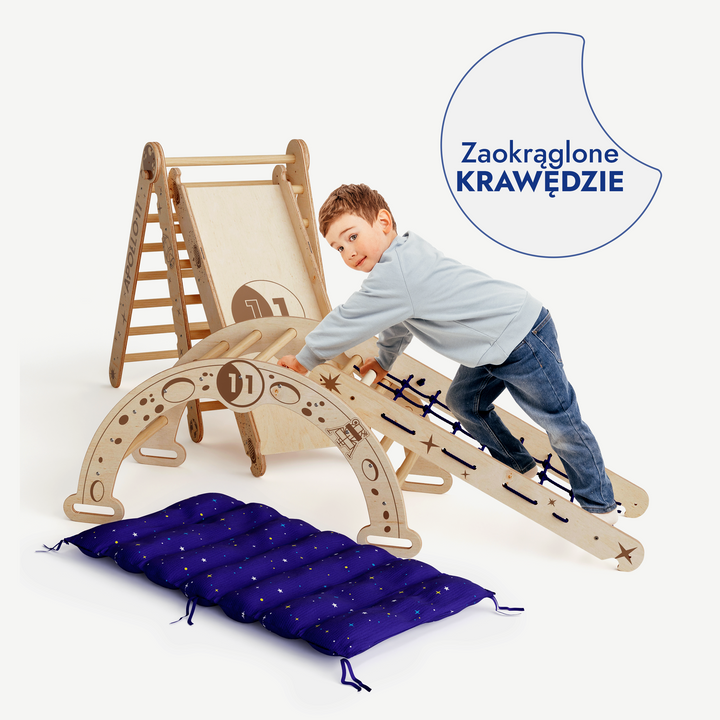 Apollo 5in1 Climbing Set: Pikler Triangle, Net, Arch, Slide Board, and Cushion for Little Astronauts