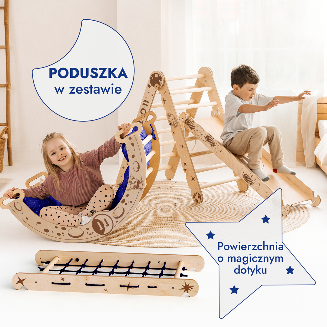 Apollo 5in1 Climbing Set: Pikler Triangle, Net, Arch, Slide Board, and Cushion for Little Astronauts