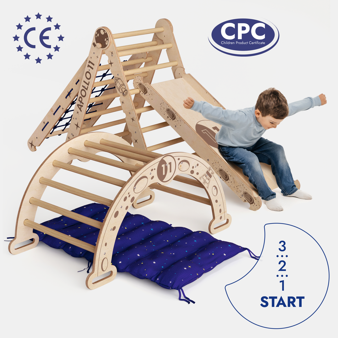 Apollo 5in1 Climbing Set: Pikler Triangle, Net, Arch, Slide Board, and Cushion for Little Astronauts