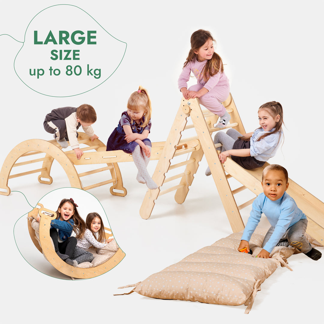 5in1 Montessori Climbing Frame: Pikler Triangle + Arch/Rocker + Slide Board/Ramp + Netting rope + Cushion
