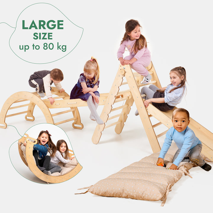 5in1 Montessori Climbing Frame: Pikler Triangle + Arch/Rocker + Slide Board/Ramp + Netting rope + Cushion