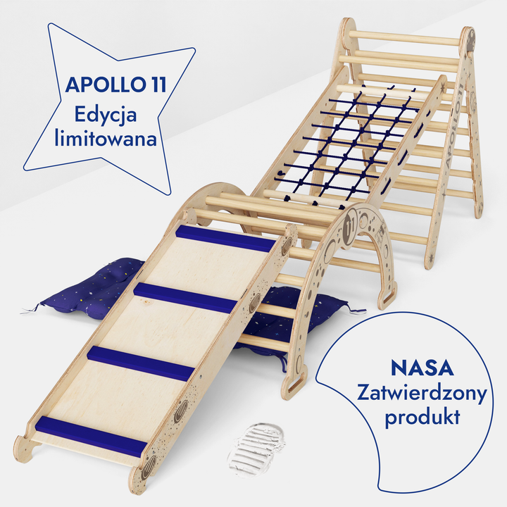 Apollo 5in1 Climbing Set: Pikler Triangle, Net, Arch, Slide Board, and Cushion for Little Astronauts