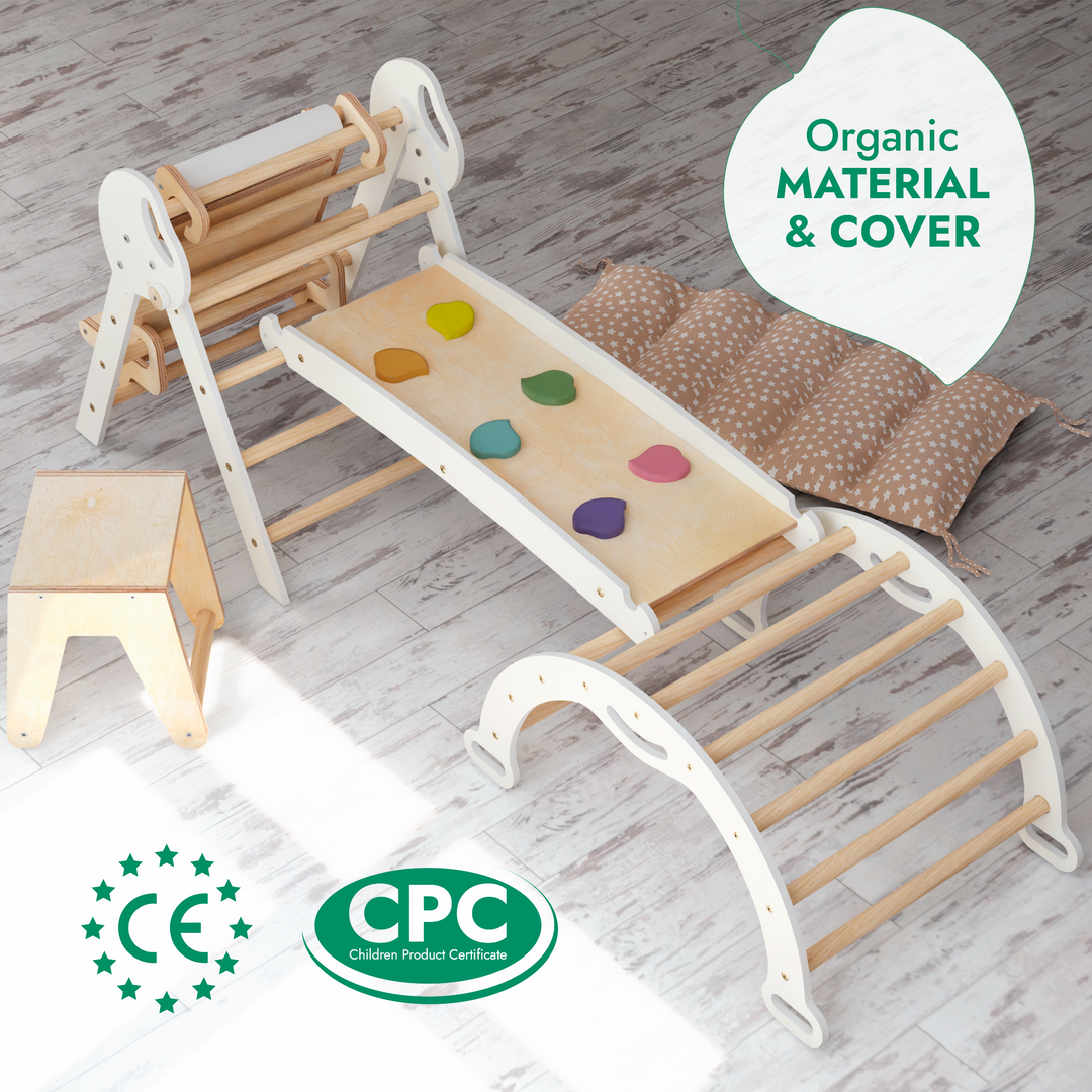 5in1 Montessori Climbing Frame: Pikler Triangle + Arch + Slide Board + Art Addition + Cushion for Toddlers (1–3 Years)