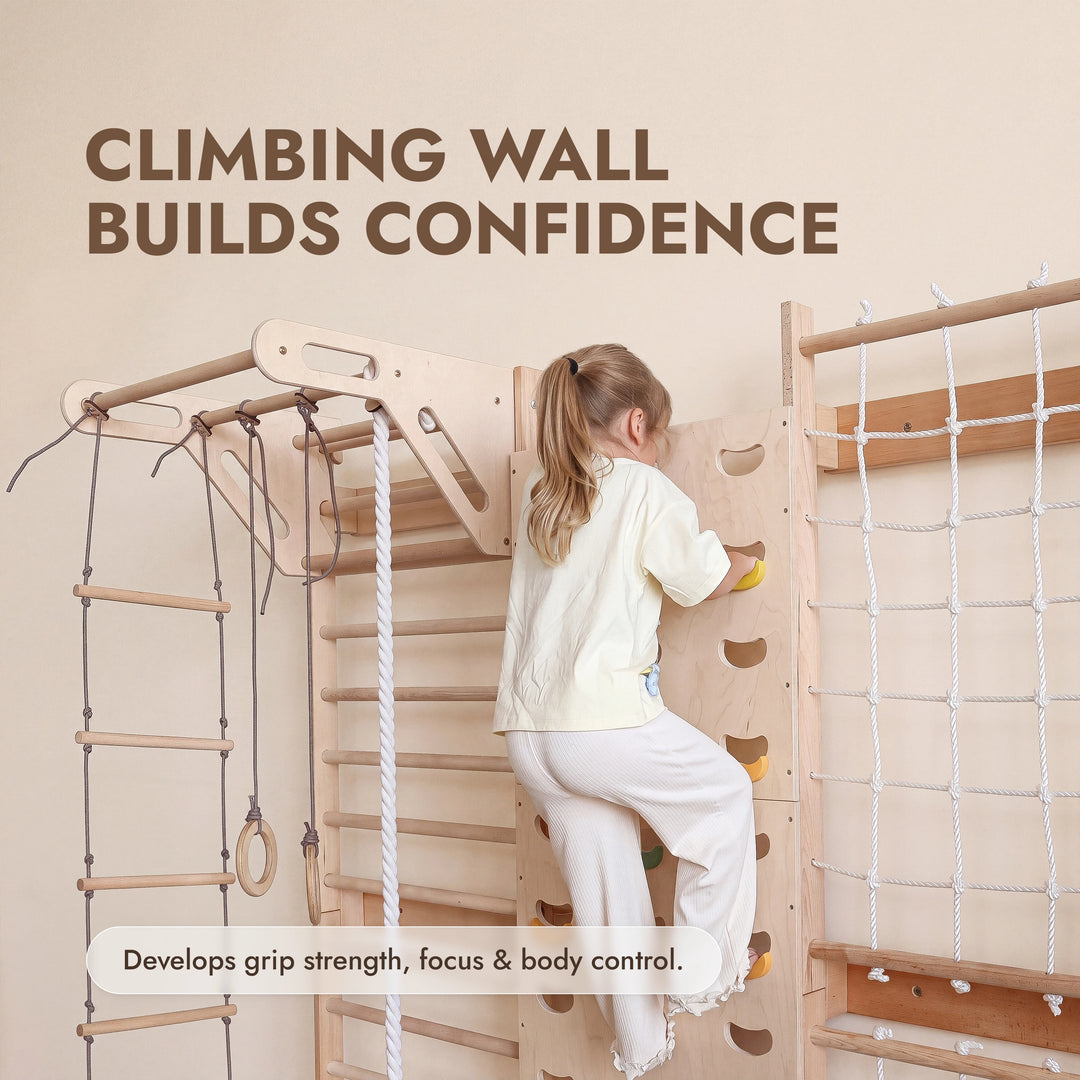 7-in-1 Indoor Climbing Frame for Kids: Wall Bars, Rock Wall, Net, Pull-Up Bar, 3-in-1 Swing Set