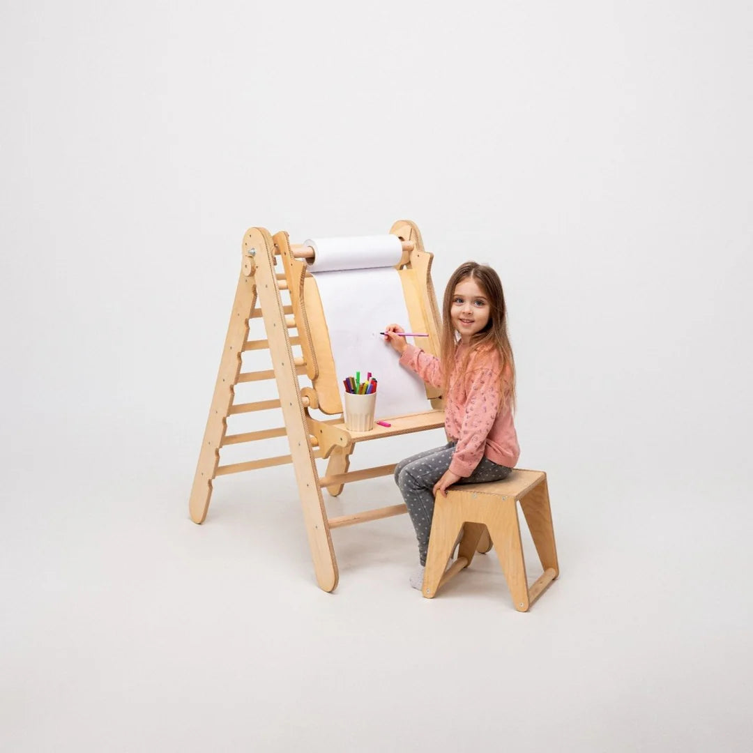 6in1 Montessori Climbing Frame: Pikler Triangle + Climbing Arch + Slide Board + Net + Cushion + Art Addition