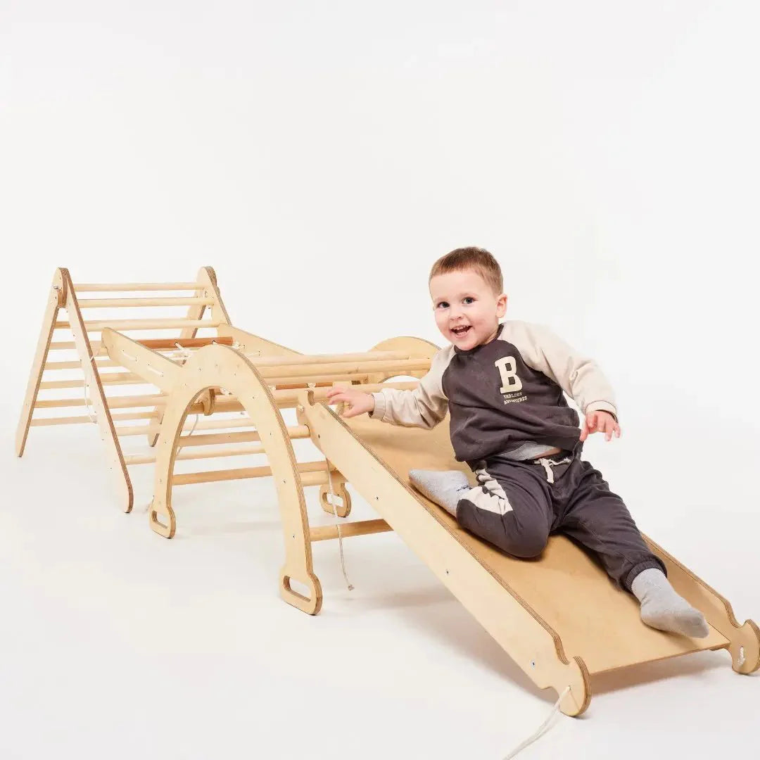 6in1 Montessori Climbing Frame: Pikler Triangle + Climbing Arch + Slide Board + Net + Cushion + Art Addition