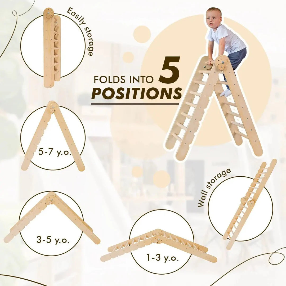 6in1 Montessori Climbing Frame: Pikler Triangle + Climbing Arch + Slide Board + Net + Cushion + Art Addition