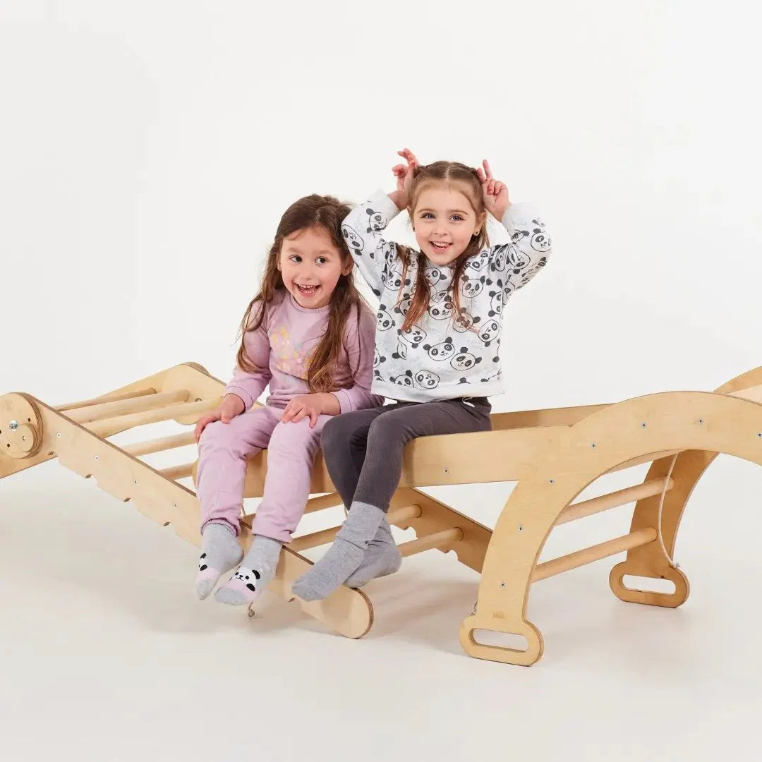 6in1 Montessori Climbing Frame: Pikler Triangle + Climbing Arch + Slide Board + Net + Cushion + Art Addition