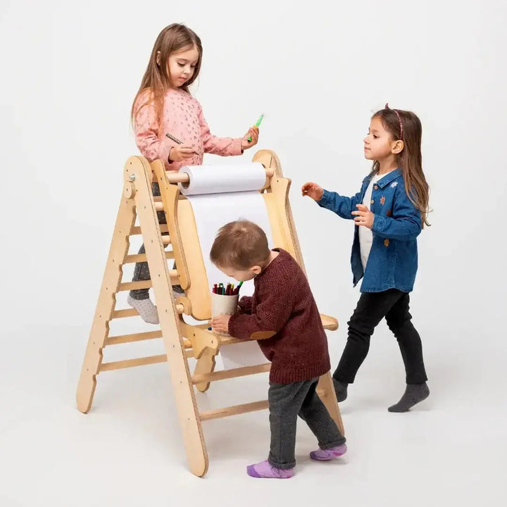 6in1 Montessori Climbing Frame: Pikler Triangle + Climbing Arch + Slide Board + Net + Cushion + Art Addition