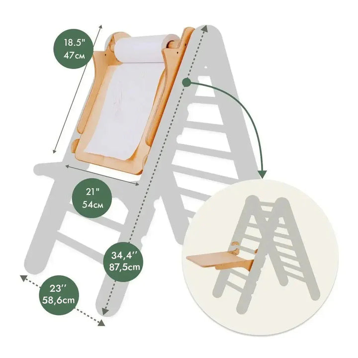 6in1 Montessori Climbing Frame: Pikler Triangle + Climbing Arch + Slide Board + Net + Cushion + Art Addition