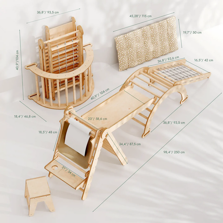 6in1 Montessori Climbing Frame: Pikler Triangle + Climbing Arch + Slide Board + Net + Cushion + Art Addition