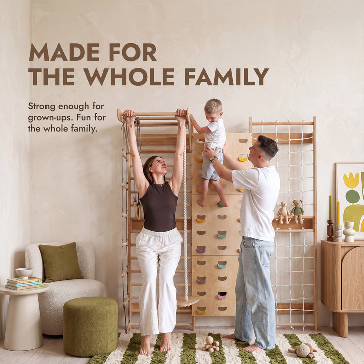 7-in-1 Indoor Climbing Frame for Kids: Wall Bars, Rock Wall, Net, Pull-Up Bar, 3-in-1 Swing Set