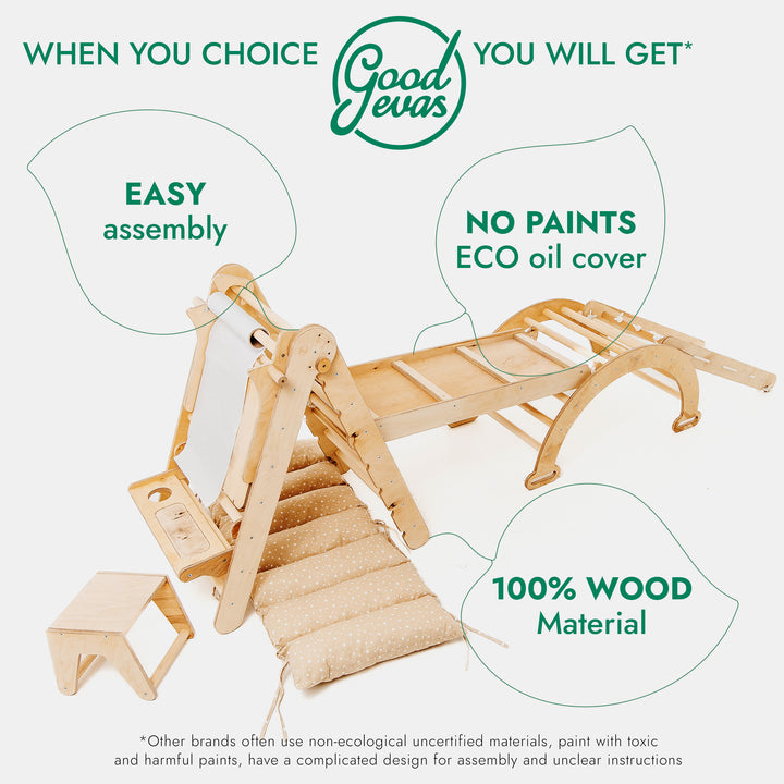 6in1 Montessori Climbing Frame: Pikler Triangle + Climbing Arch + Slide Board + Net + Cushion + Art Addition