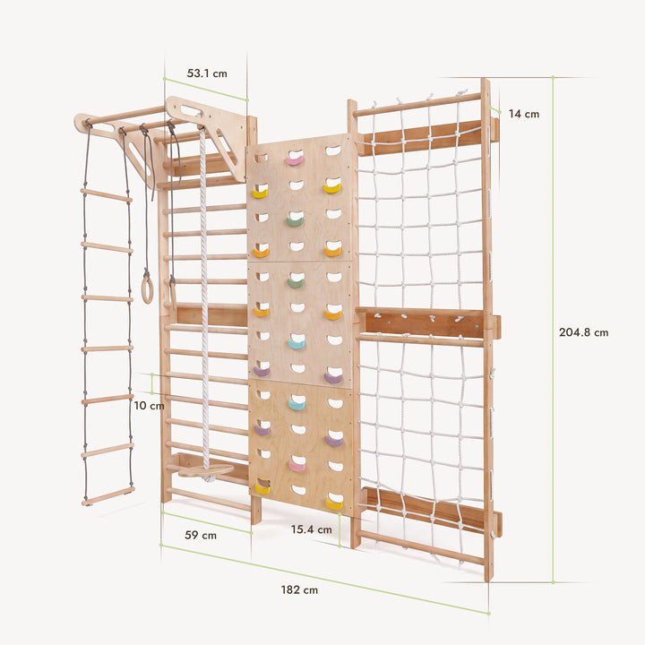 7-in-1 Indoor Climbing Frame for Kids: Wall Bars, Rock Wall, Net, Pull-Up Bar, 3-in-1 Swing Set