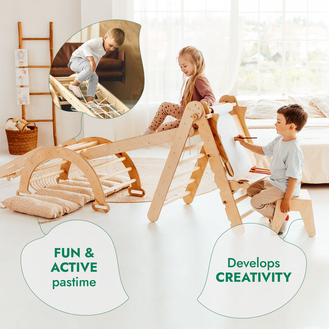 6in1 Montessori Climbing Frame: Pikler Triangle + Climbing Arch + Slide Board + Net + Cushion + Art Addition